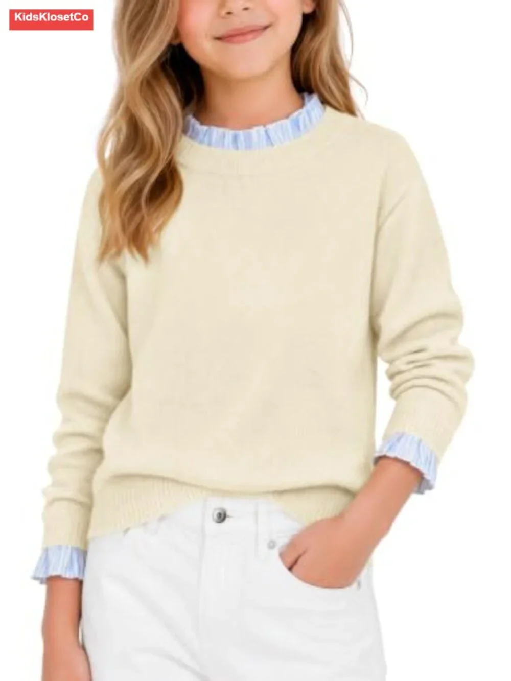Girls Ruffle Trim Pullover Sweater Long Sleeve Knit Top